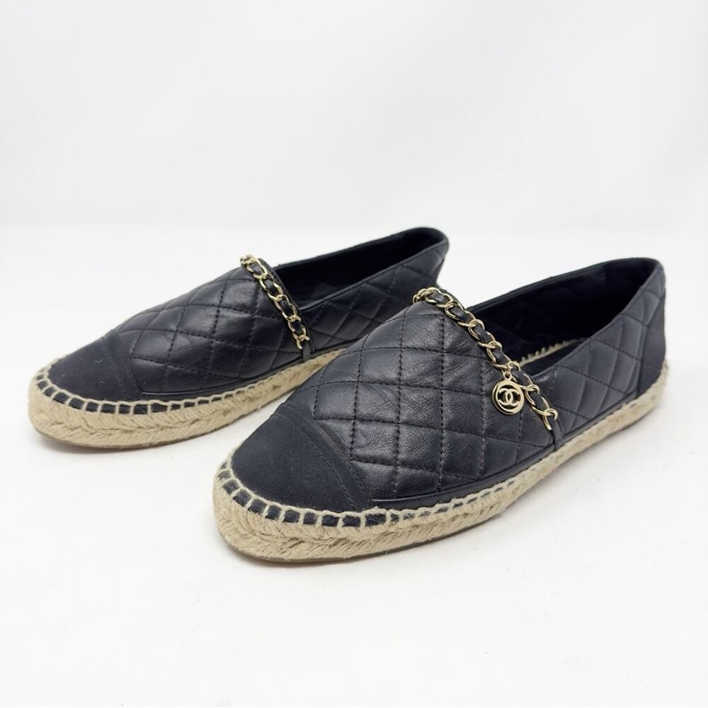 Chanel Lambskin CC Quilted Chain Espadrilles Womens Size 38